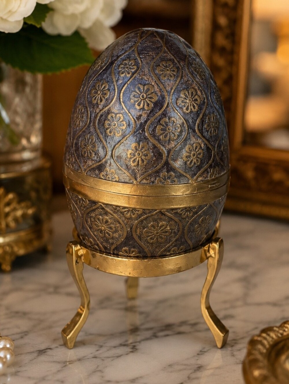 Vintage Brass Egg Trinket Box Set on Stand Hollywood Regency Decor
